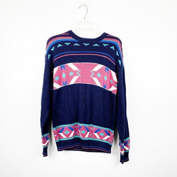 🦋 VINTAGE Tribal Navy Blue Aztec Sweater Medium Casual Fall Holiday Boho Indie - Picture 1 of 3